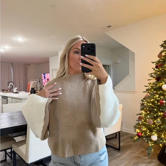 Chic Tan and Cream Women's Turtleneck Sweater - Picture 2 of 12